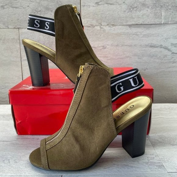 Guess Suede Peep Toe Heeled Booties Olive Green - Picture 1 of 6